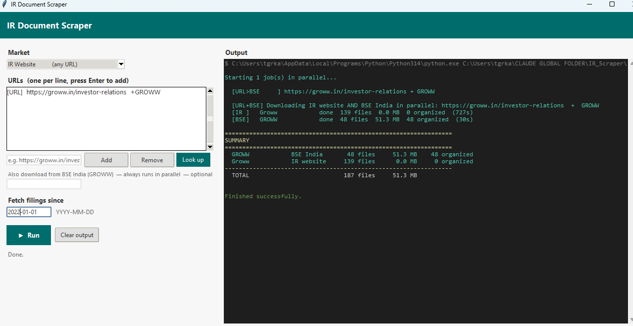IR Document Scraper GUI — Groww run