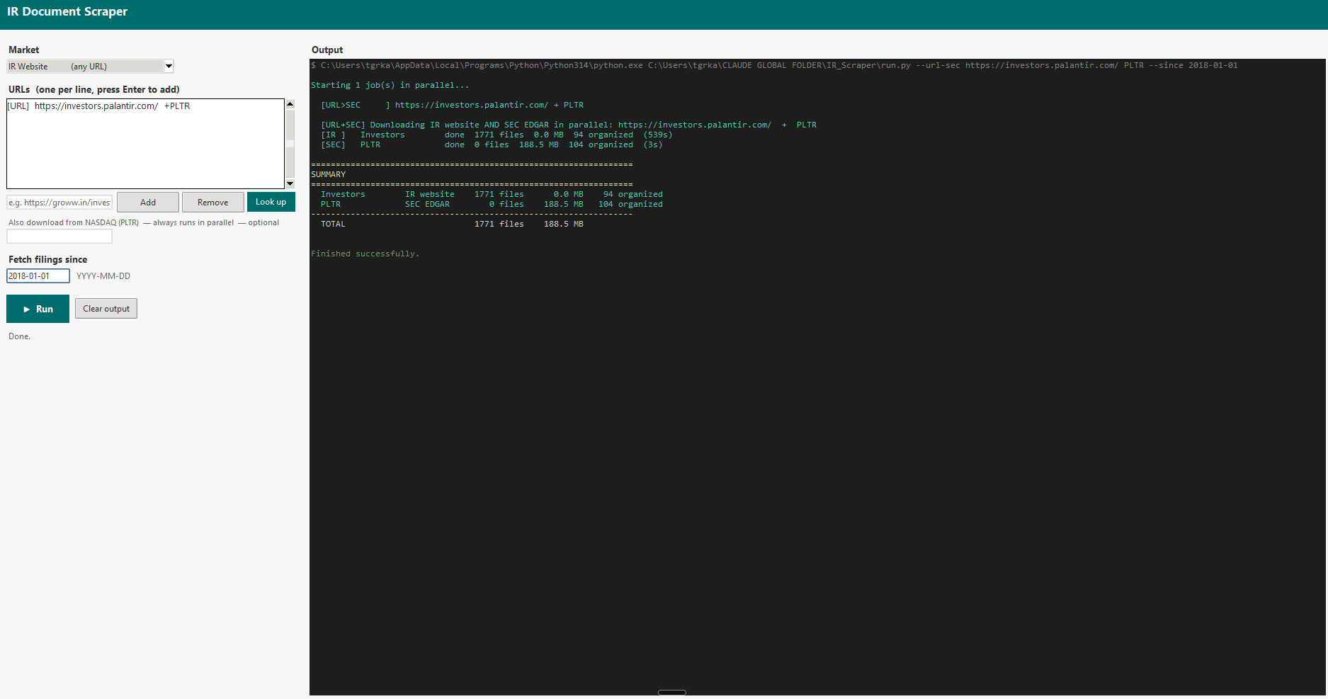 IR Document Scraper GUI — Palantir run