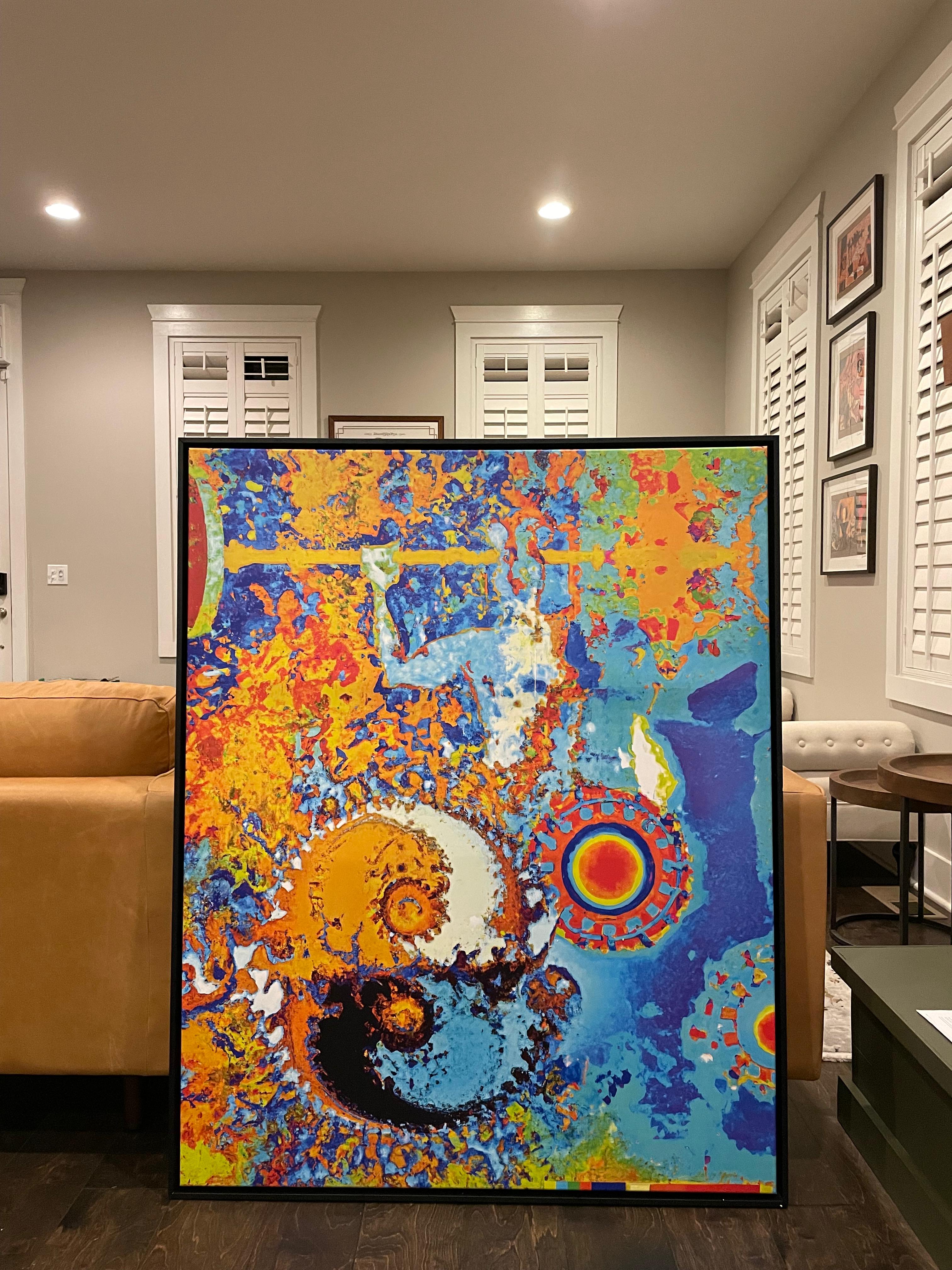 An abstract painting in vivid blues, oranges, and yellows — a visual meditation on the meeting of opposites.
